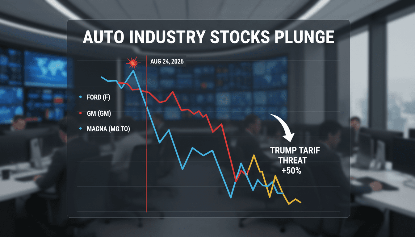 A chart showing stock declines of major auto manufacturers following Trump's tariff threat on Canadian vehicles.