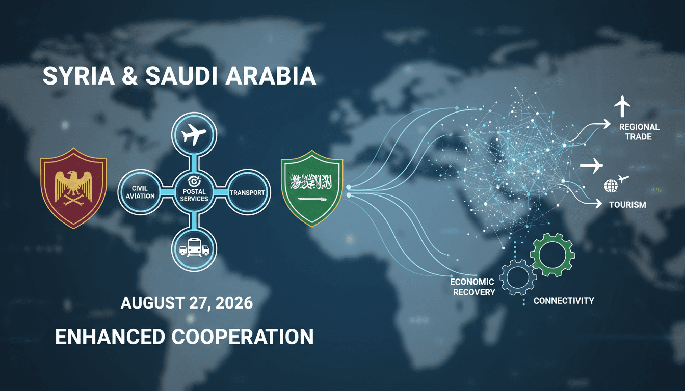 Infographic illustrating the three cooperation agreements between Syria and Saudi Arabia in transport and aviation.