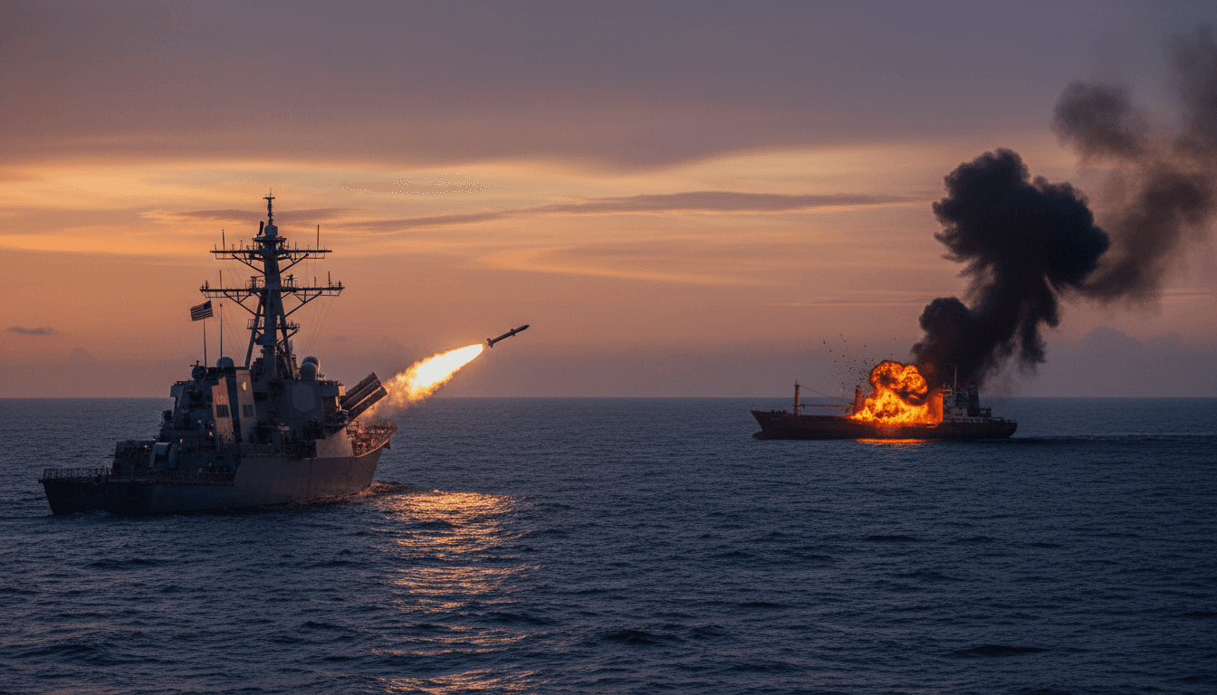 Military vessel conducting a strike on a suspected narco-trafficking vessel in the Pacific Ocean.