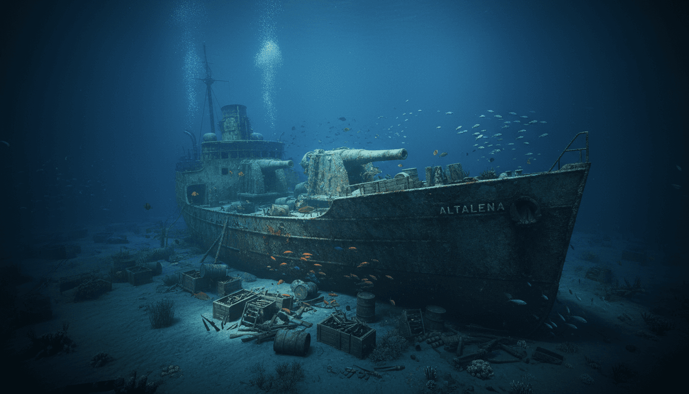 Underwater view of the intact Altalena arms ship wreck located at 503 meters depth.
