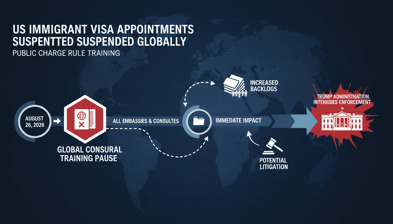 A timeline graphic showing the U.S. immigrant visa pause and its impact on applicants worldwide.