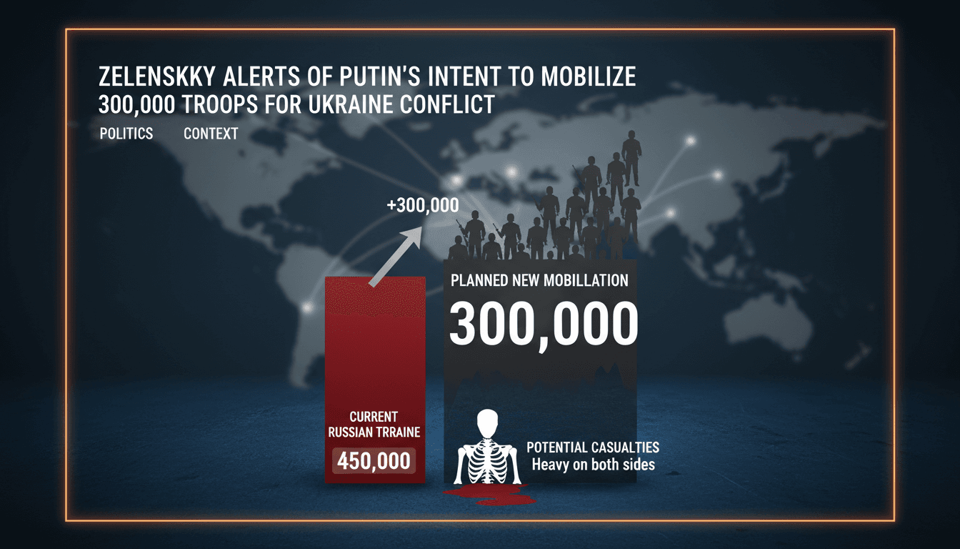 Infographic showing Zelensky's warning about Russian troop mobilization and its implications for the Ukraine conflict.