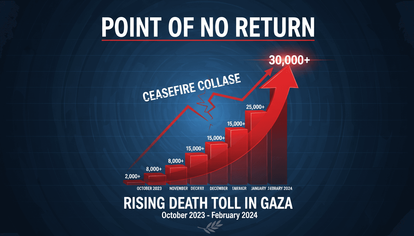 Infographic showing the rising death toll in Gaza since October 2023, emphasizing the urgency of the ceasefire situation.