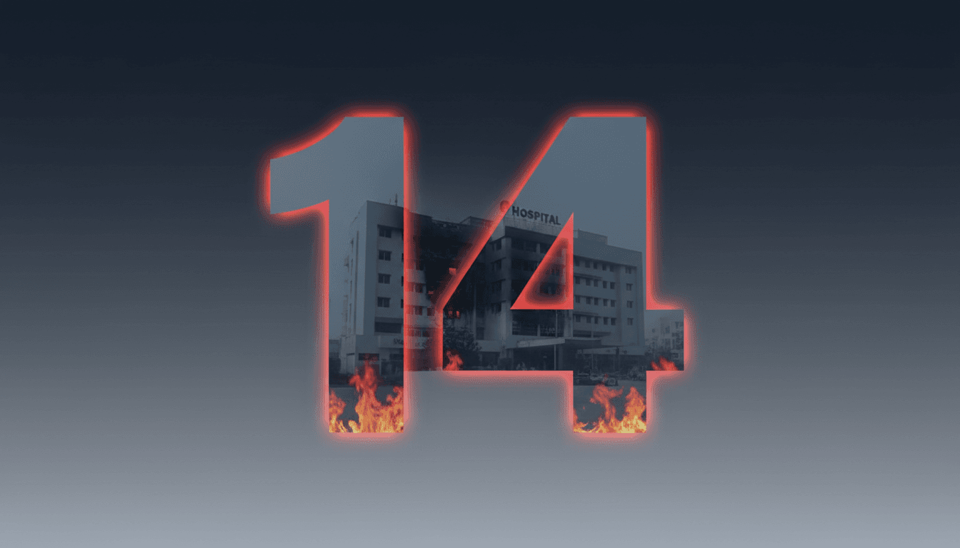 A graphic showing the number 14 against a hospital backdrop, representing the tragic loss of newborns in the fire.
