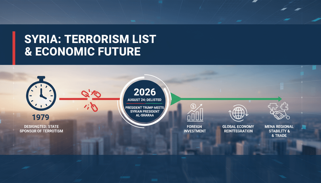Infographic showing Syria's delisting from the U.S. terrorism list and its potential economic impacts.