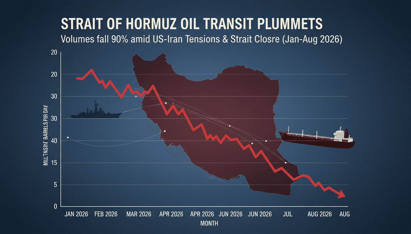Infographic showing the decline in oil transit volumes through the Strait of Hormuz due to ongoing tensions.