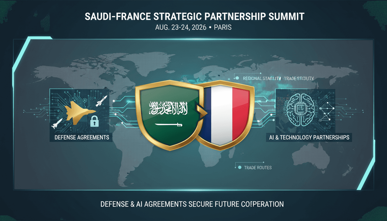 Graphic illustrating the Saudi-French Strategic Partnership Summit agreements in defense and technology sectors.