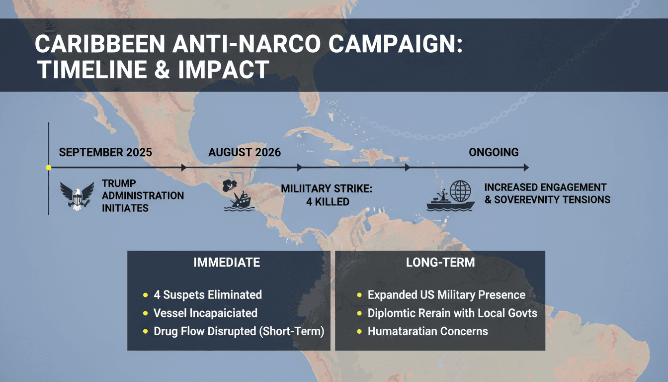 A military strike in the Caribbean targeting a suspected drug smuggling vessel, highlighting US efforts against narco-trafficking.