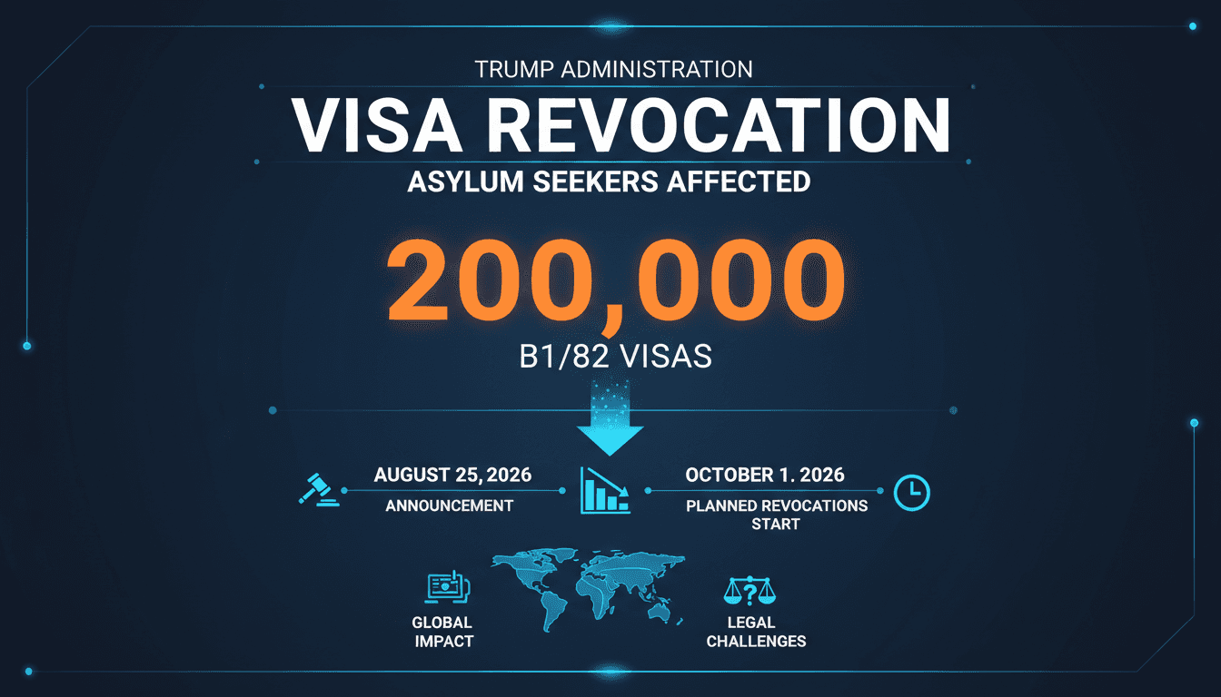 Infographic detailing the Trump administration's B1/B2 visa revocation plan for asylum applicants.