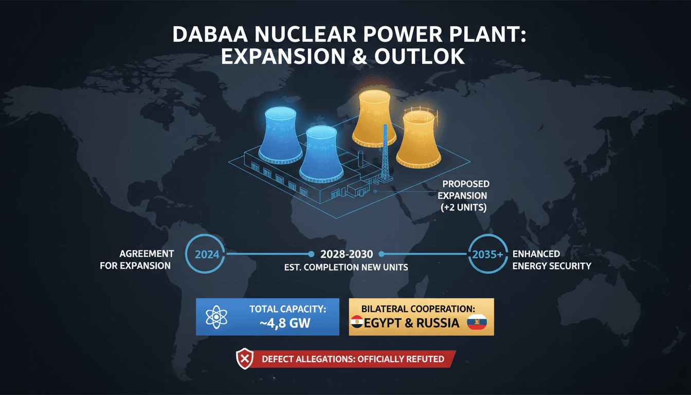 Infographic detailing the Dabaa nuclear plant expansion agreement between Egypt and Russia, highlighting key statistics and timelines.