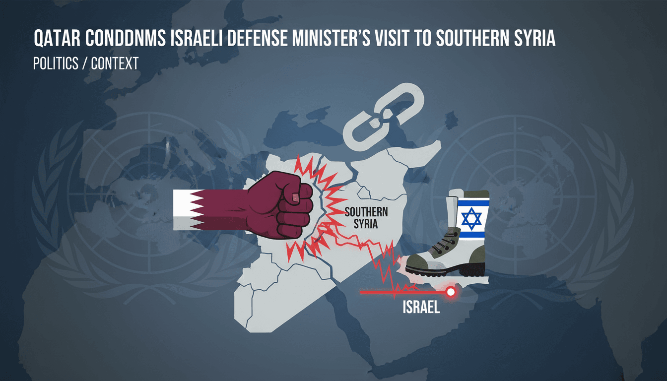 Map showing Qatar's condemnation of Israeli Defense Minister's entry into Syrian territory, highlighting regional tensions.
