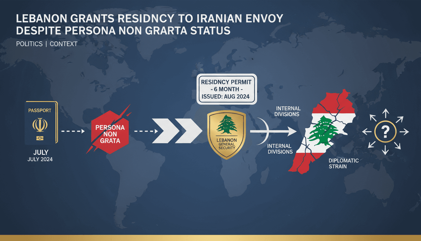 A visual timeline of the Iranian envoy Sheibani's residency status and Lebanon's diplomatic actions.