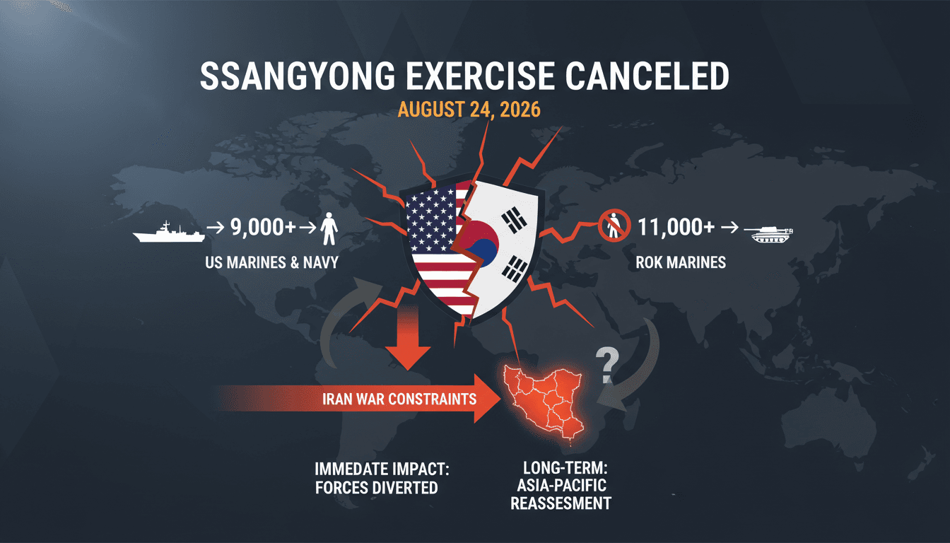 Infographic detailing the cancellation of the Ssangyong exercise and its implications for U.S.-South Korea military relations.