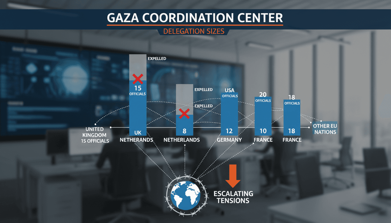 A graphic illustrating the diplomatic tensions between Israel and the UK regarding the Gaza Coordination Center.