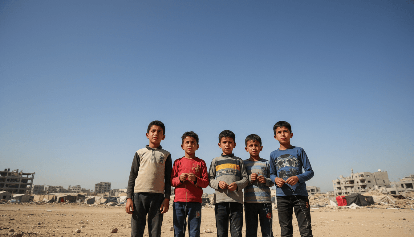 Children in Gaza looking up at a clear sky, symbolizing lost joy as kite flying is restricted.