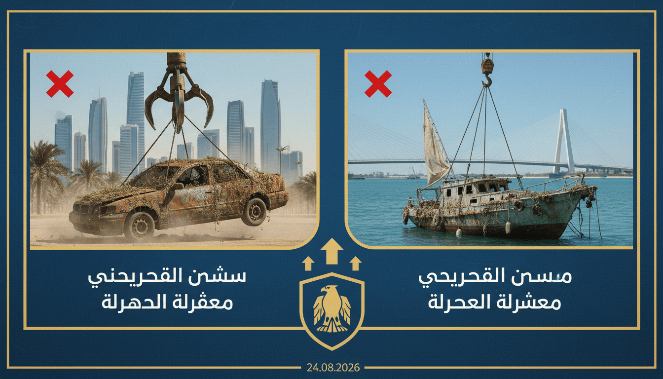 A visual representation of Abu Dhabi's campaign against abandoned vehicles and boats in public spaces.