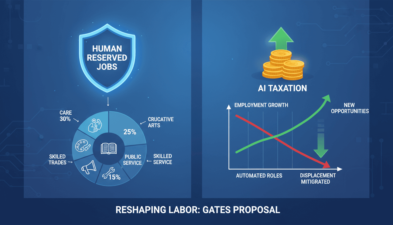 Infographic showing Bill Gates' proposal for Human Reserved jobs and AI taxation impact on the workforce.