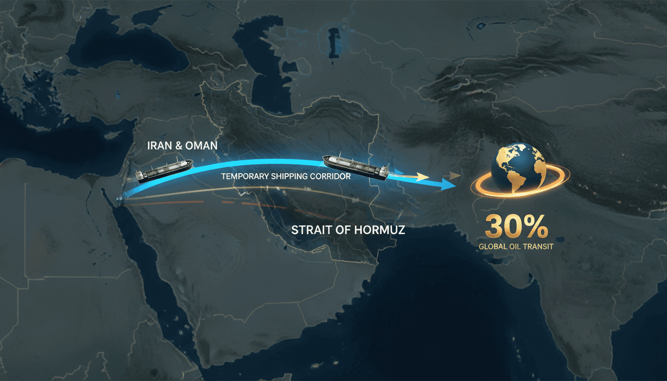 Map illustrating the proposed temporary shipping corridor in the Strait of Hormuz and its importance for global oil transit.