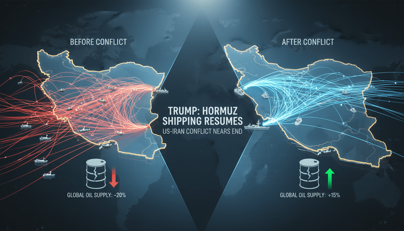 Infographic showing vessel traffic trends in the Strait of Hormuz and its impact on global oil supply.