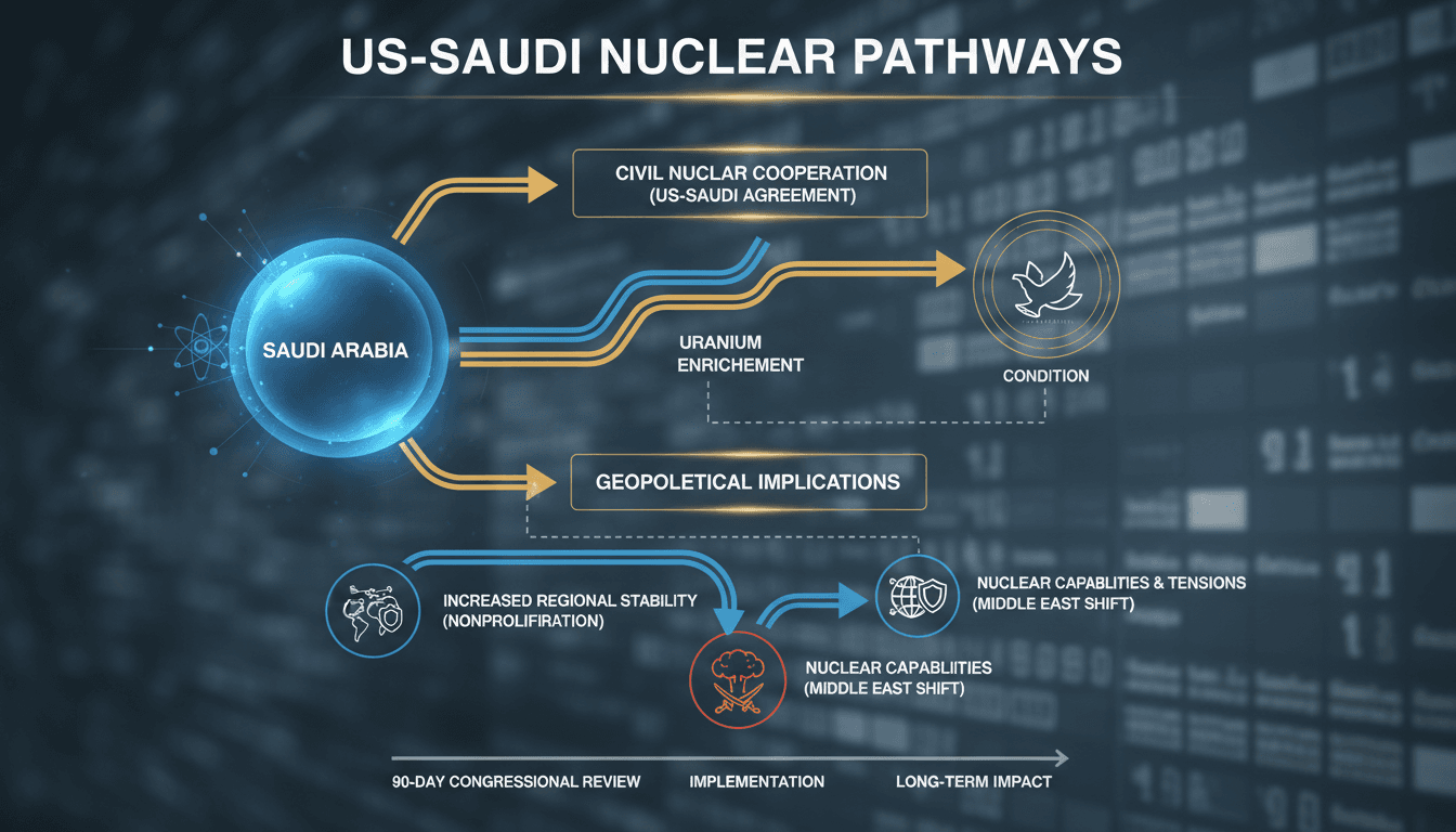 Infographic showing US-Saudi nuclear cooperation agreement pathways and geopolitical implications.