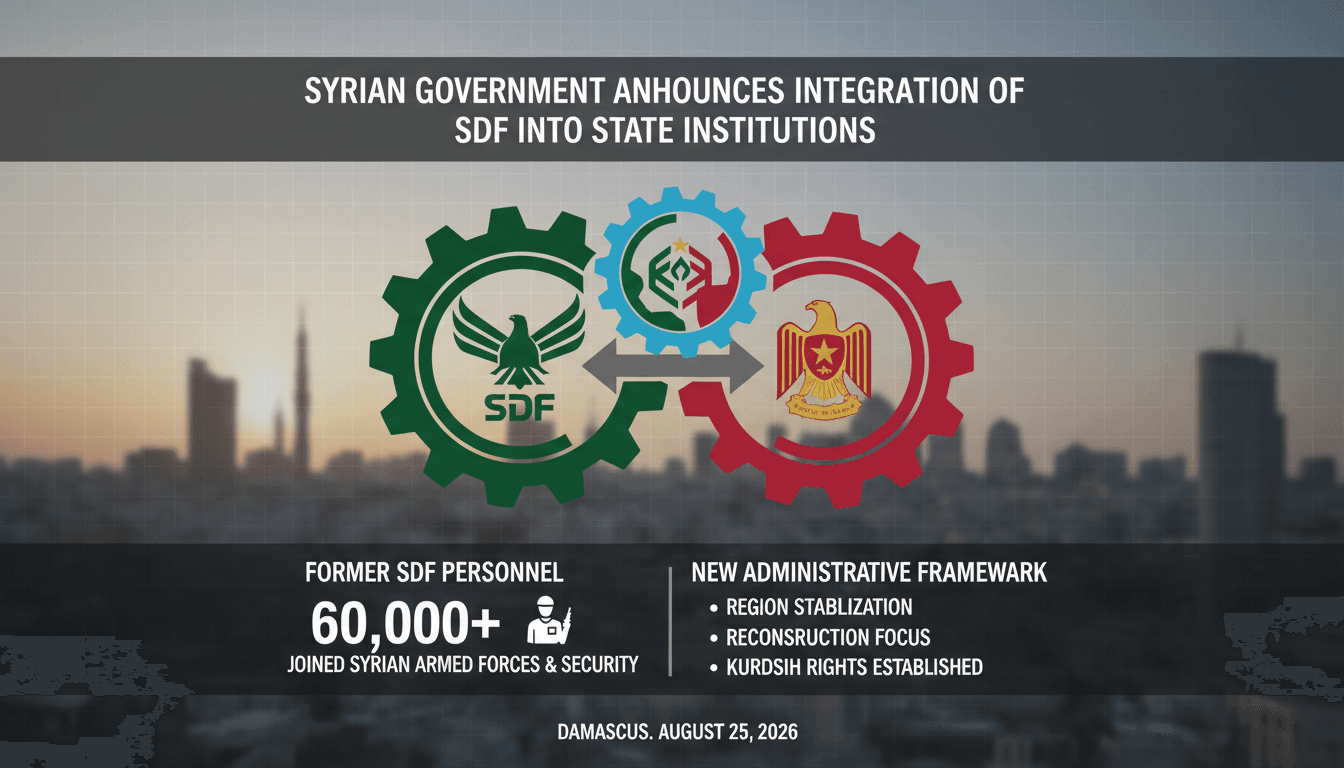 Infographic illustrating the integration of Syrian Democratic Forces into state institutions, highlighting key statistics and implications.