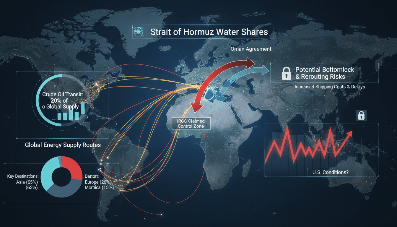 Infographic showing the flow of global energy supplies through the Strait of Hormuz and the impact of the Iran-Oman agreement.