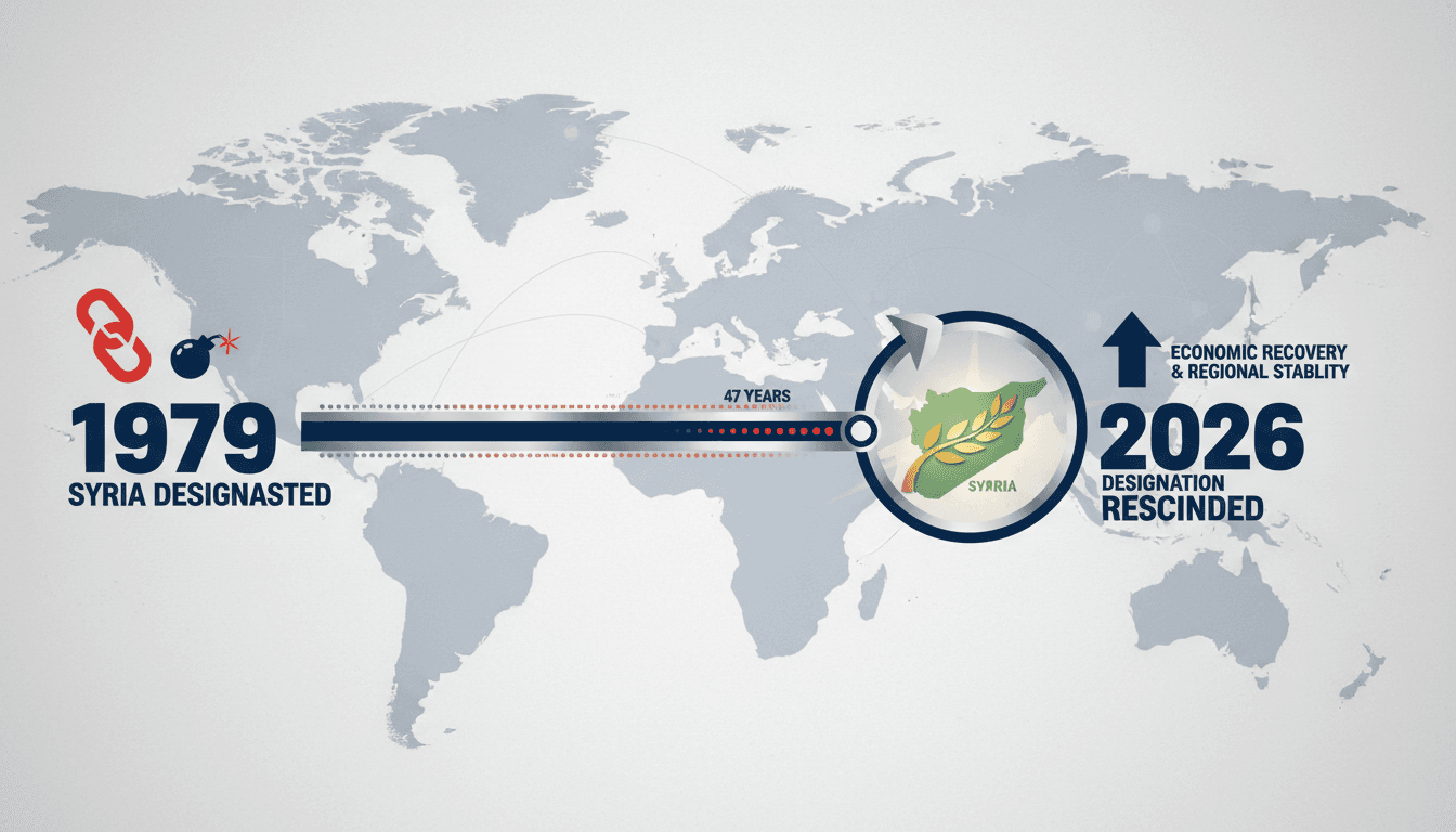 Infographic showing the timeline of Syria's terrorism designation and recent rescission by the U.S.