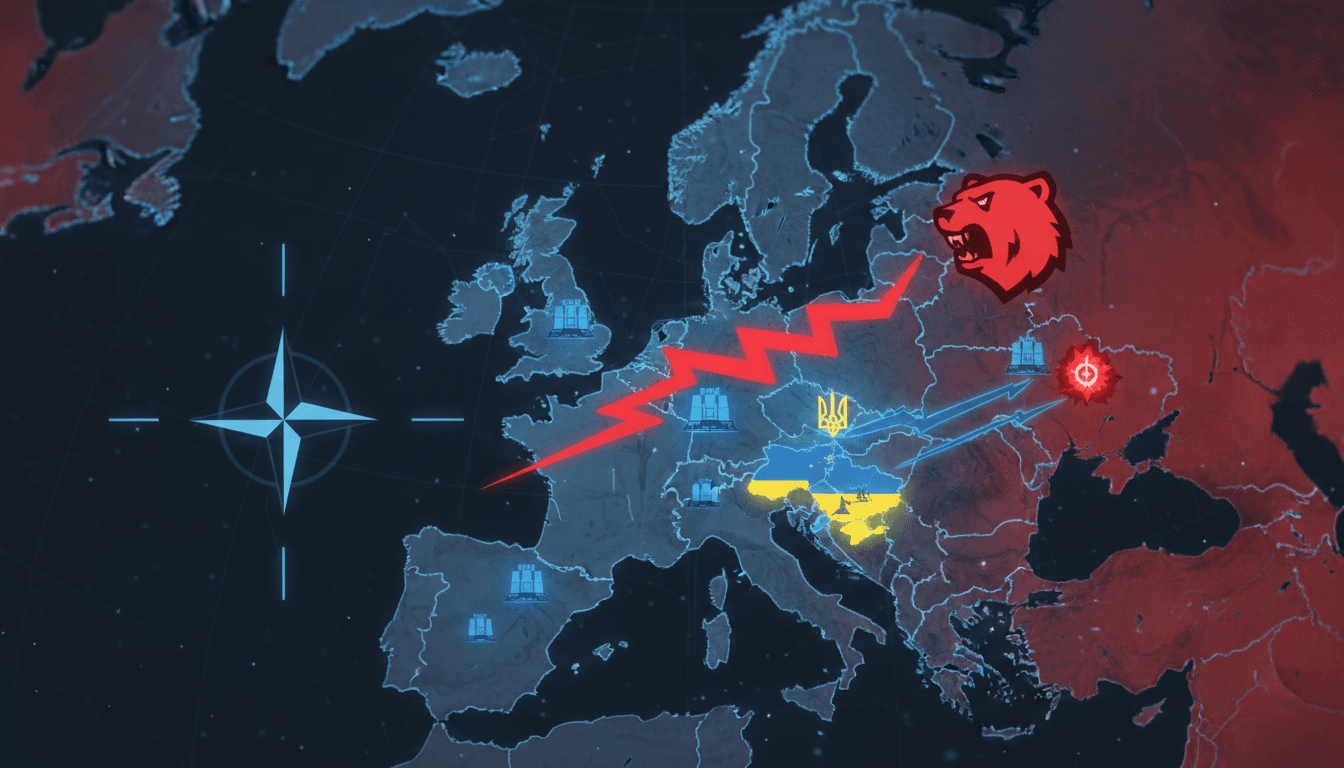 A map showing the geopolitical tension between Russia and the UK, highlighting military installations and conflict zones.