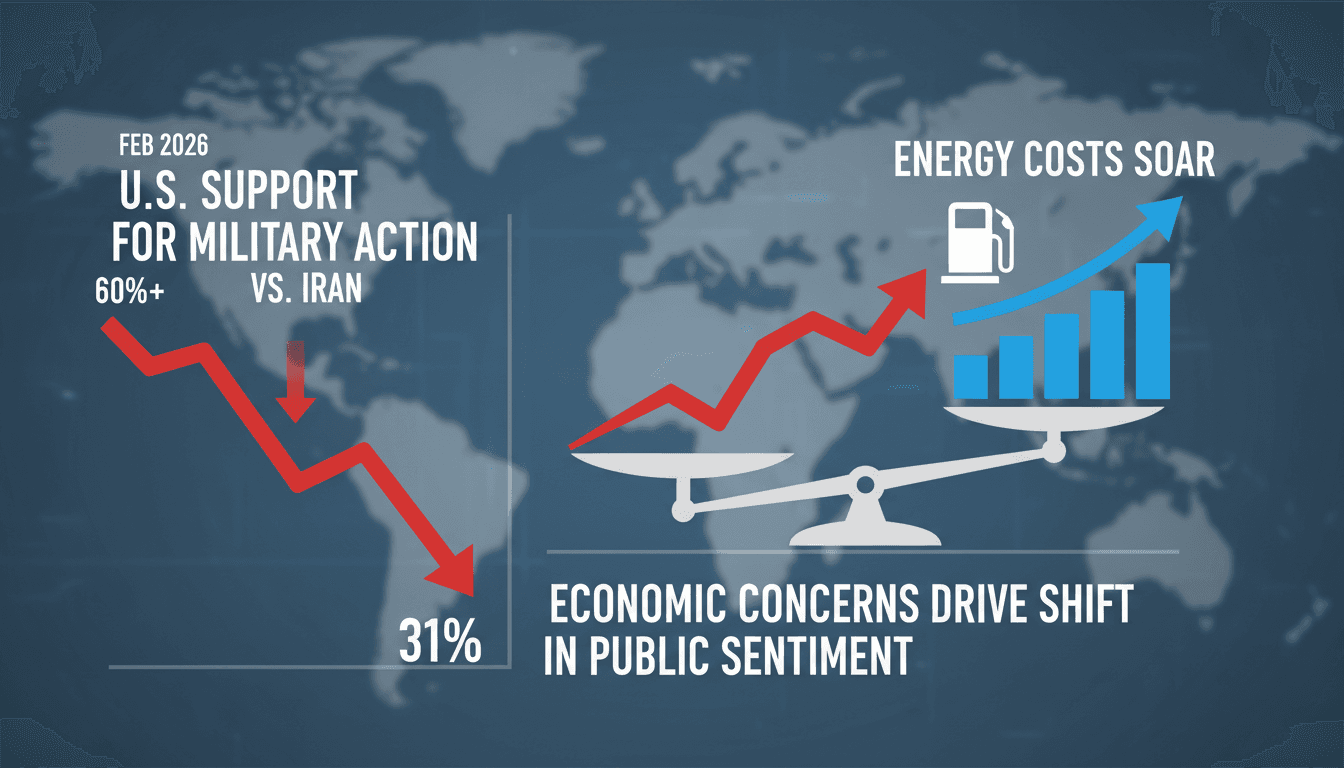 Infographic showing the decline in support for military action against Iran and its economic implications.