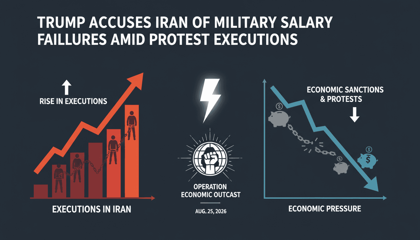 Infographic depicting Trump's accusations against Iran regarding military salaries and rising executions of protesters.