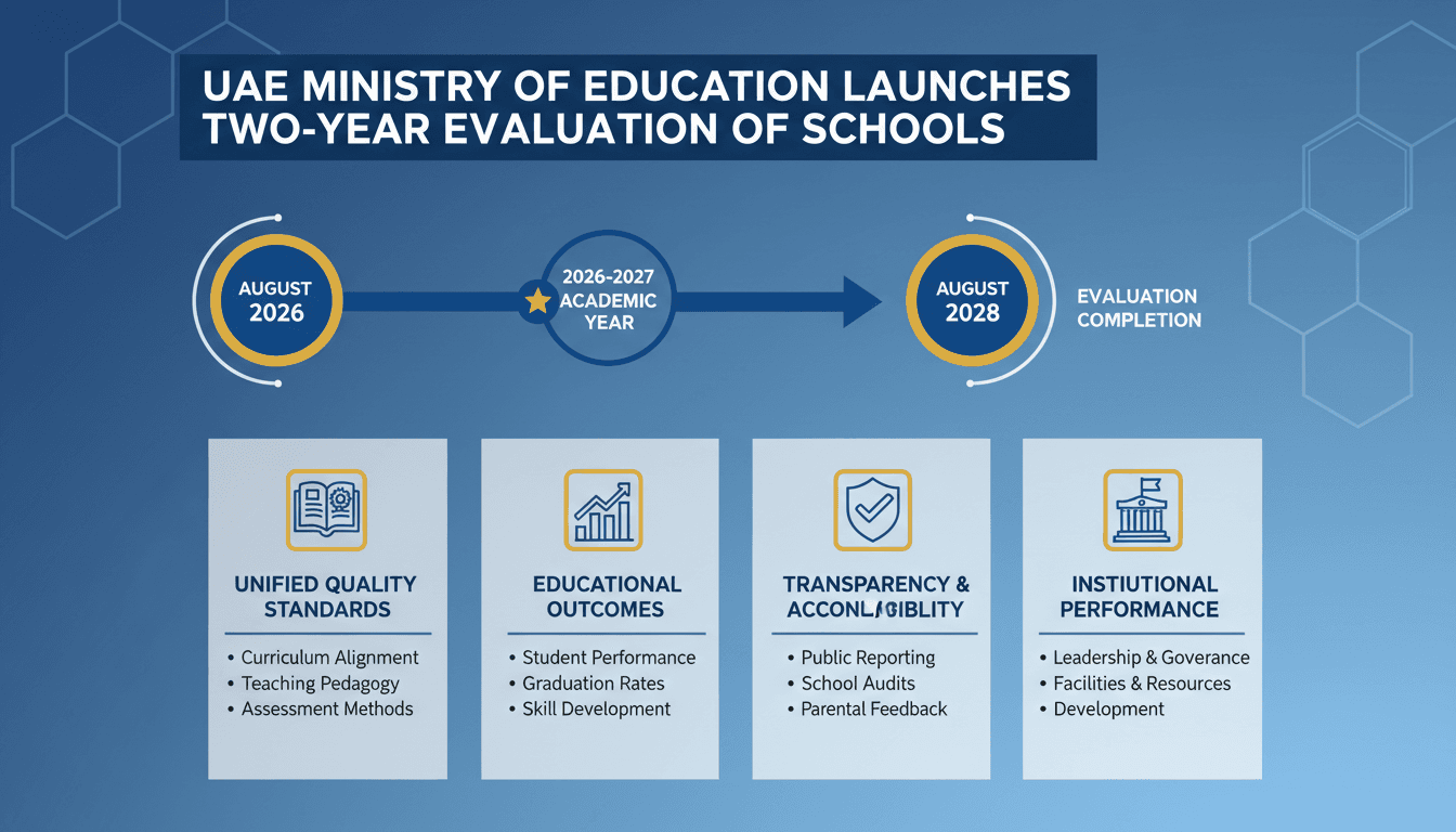 Infographic showing the UAE Ministry of Education's two-year school evaluation process and key performance indicators.