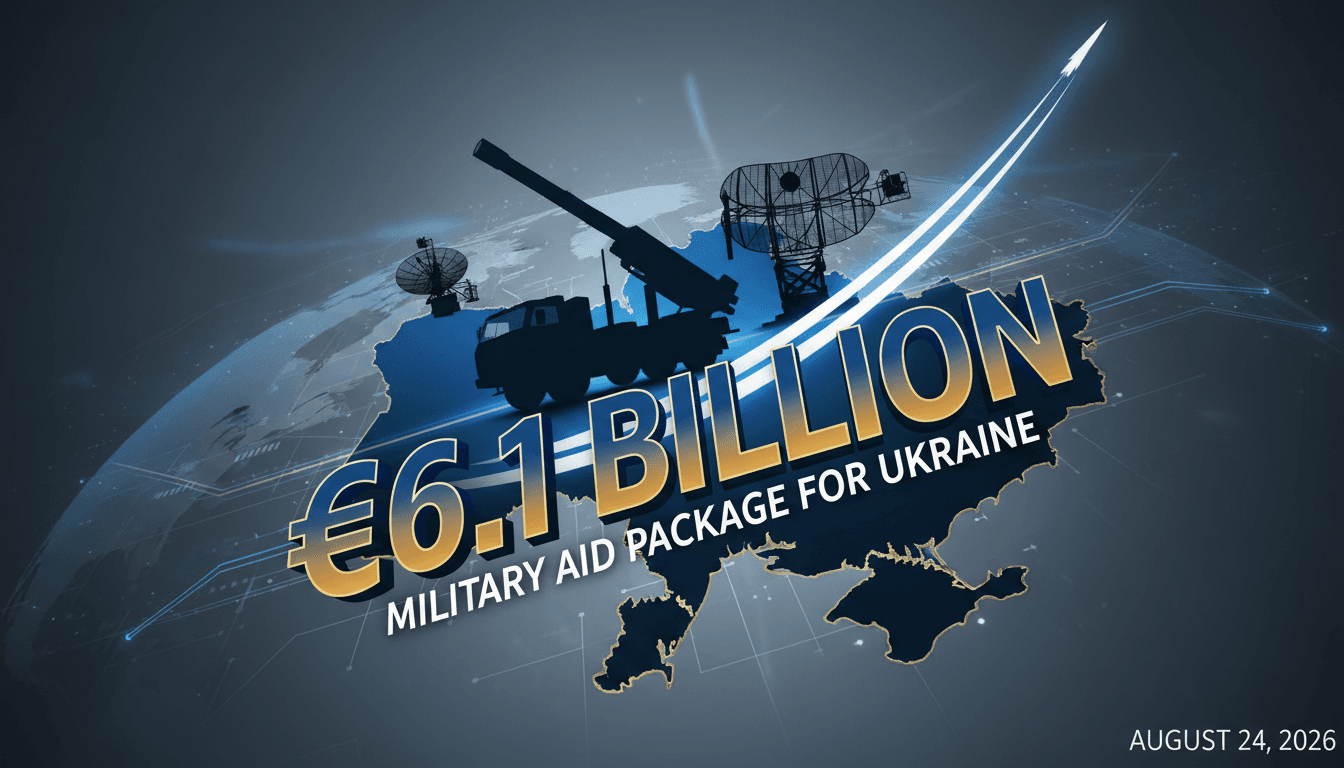 A graphic illustrating the €6.1 billion military aid package for Ukraine, featuring defense systems and European leaders.