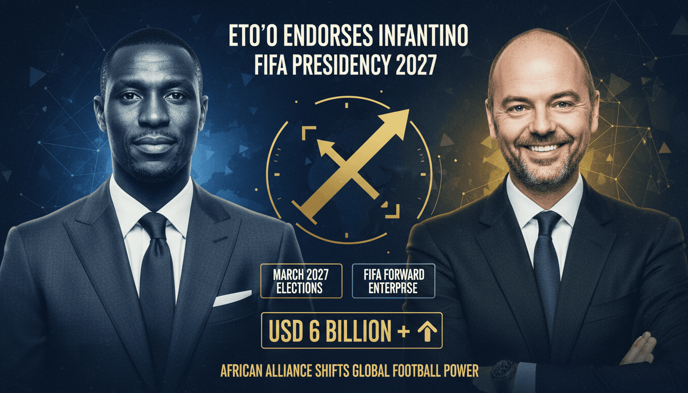 Samuel Eto'o endorsing Gianni Infantino for FIFA re-election, with election dates and financial stakes highlighted.