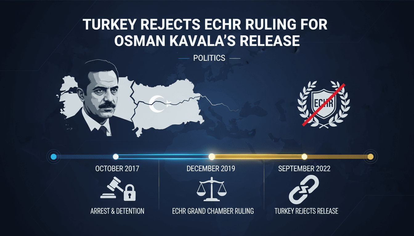 A timeline graphic illustrating Osman Kavala's detention and the ECHR's rulings on human rights in Turkey.