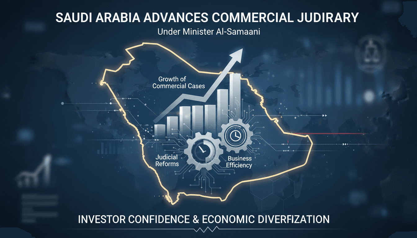 Infographic showing growth in Saudi commercial cases and judicial reforms impact on business efficiency.