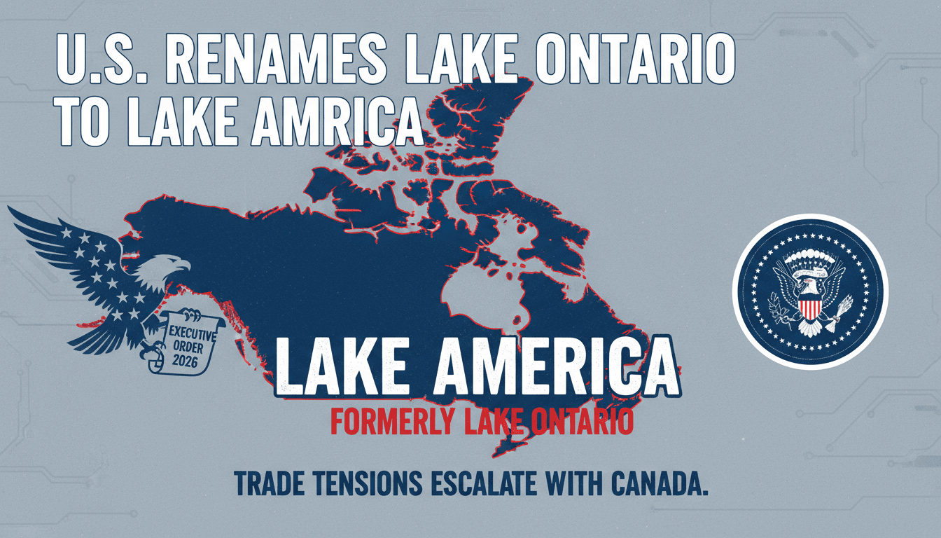Map showing Lake Ontario renamed to Lake America, highlighting trade tensions between the U.S. and Canada.