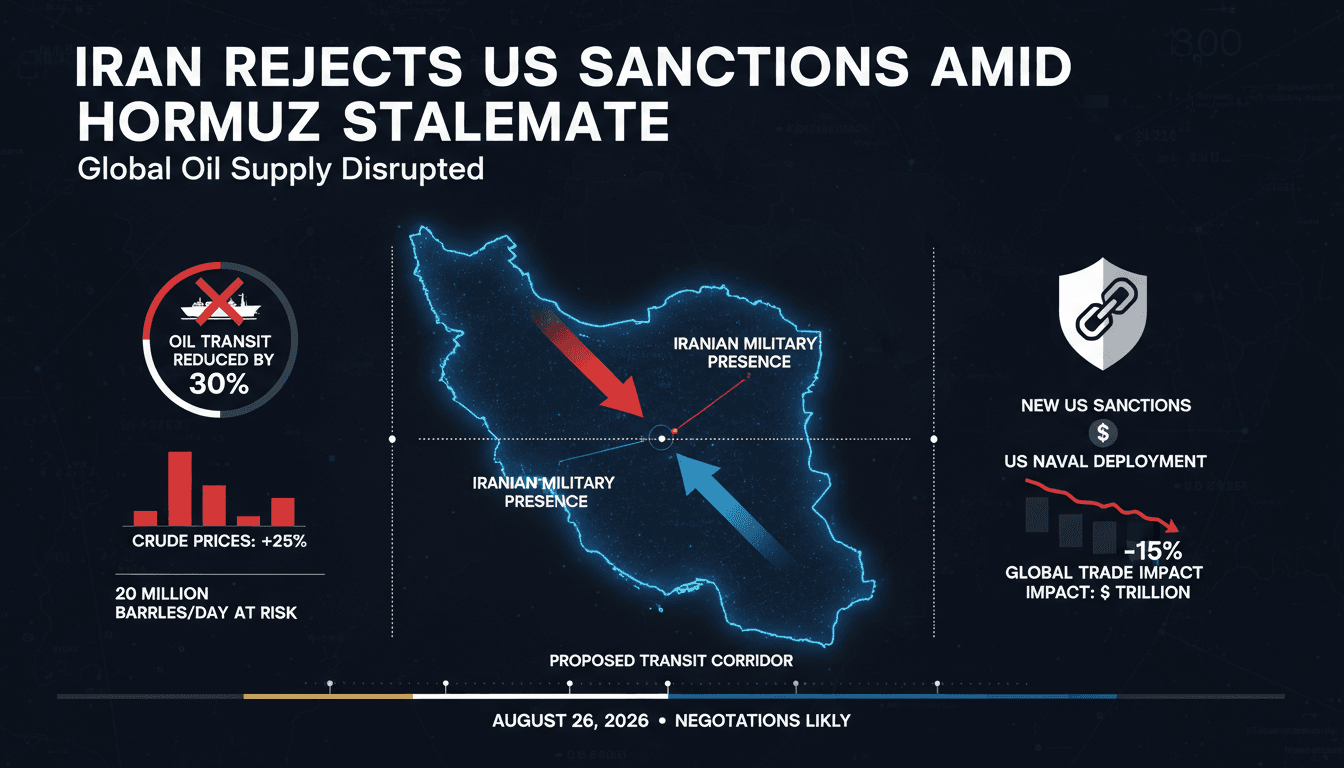 A map of the Strait of Hormuz highlighting the impact of US sanctions and military operations on oil supply.