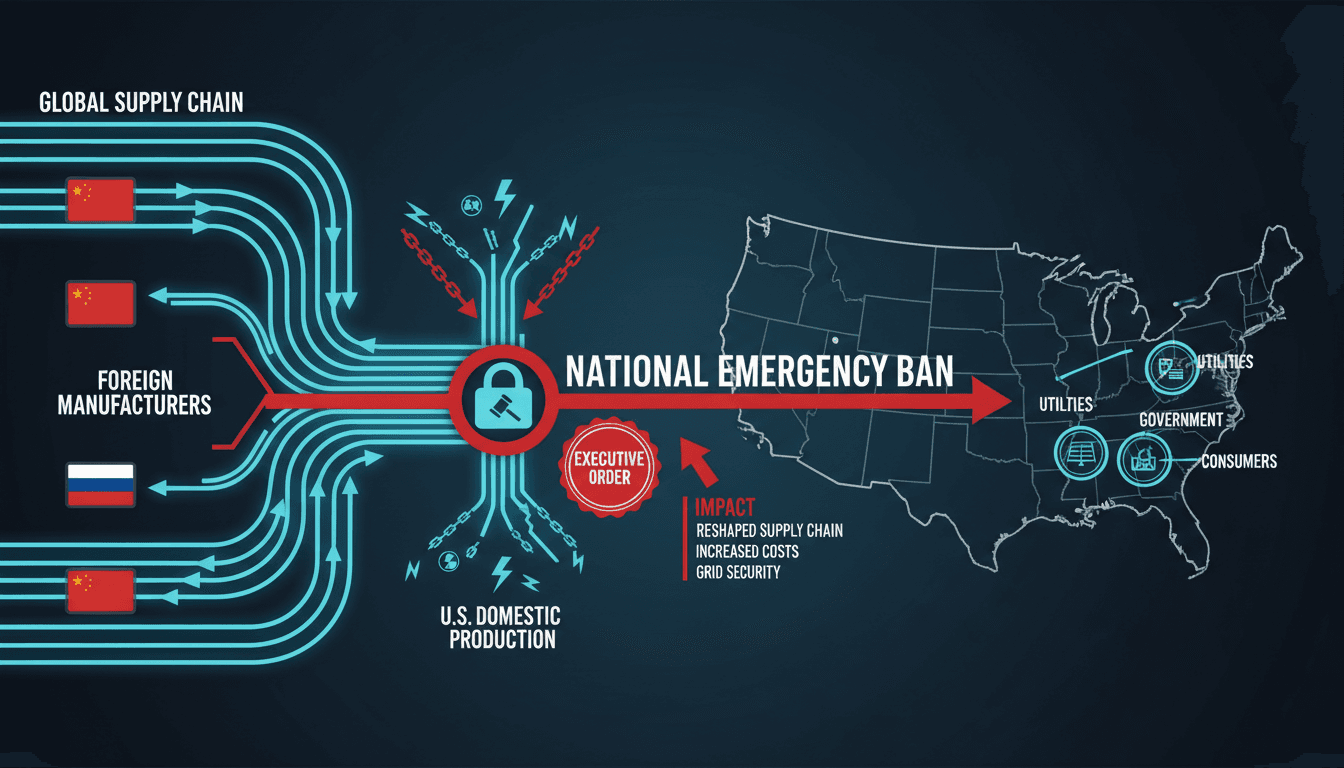Infographic showing the impact of Trump's national emergency order on energy equipment supply chains and stakeholders.