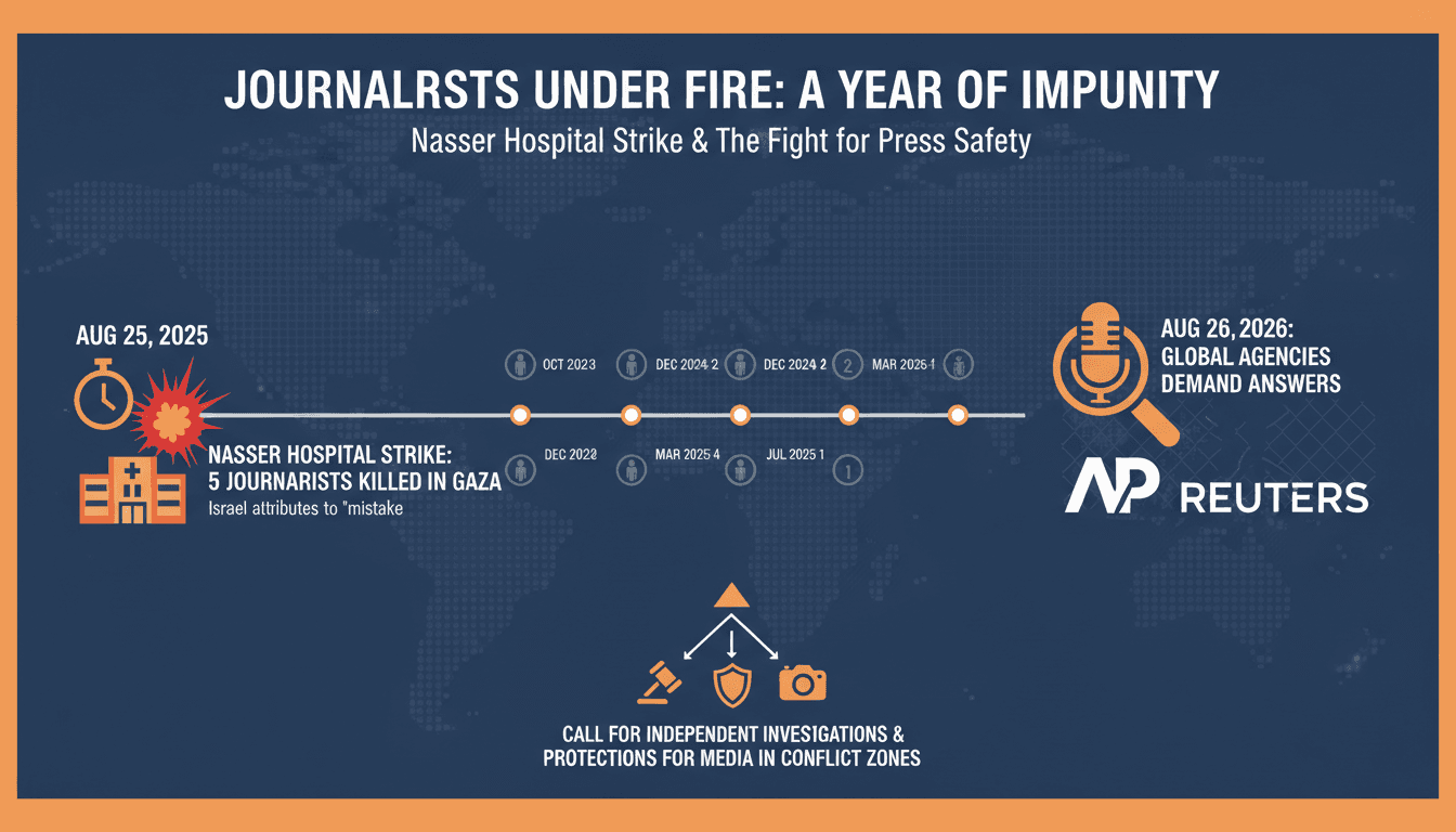 Infographic showing the timeline of journalist fatalities in the Gaza conflict, focusing on the Nasser Hospital strike.