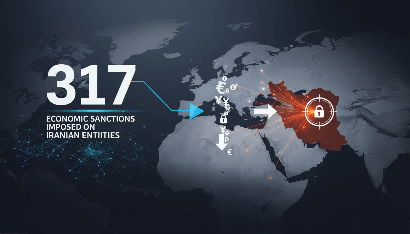 Infographic showing US sanctions on Iran and the Strait of Hormuz's significance in global trade.