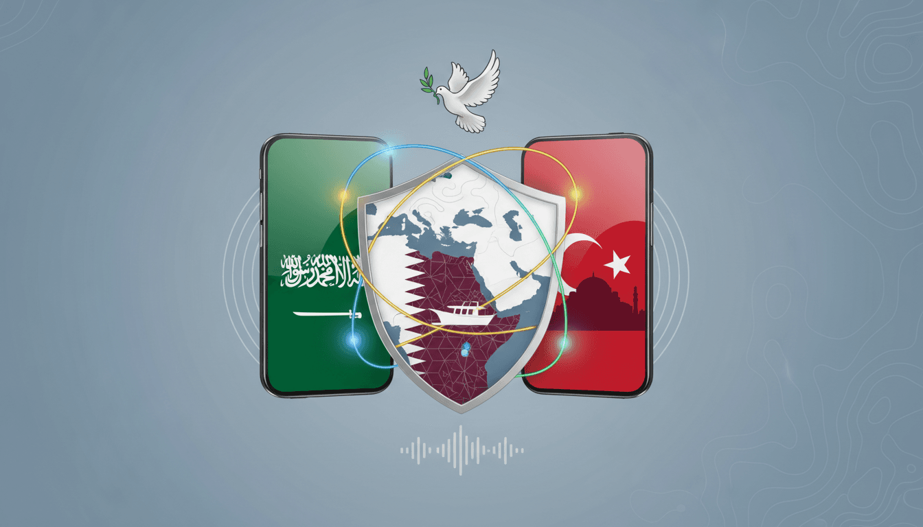 A visual representation of Saudi, Qatari, and Turkish officials discussing regional stability through phone calls.