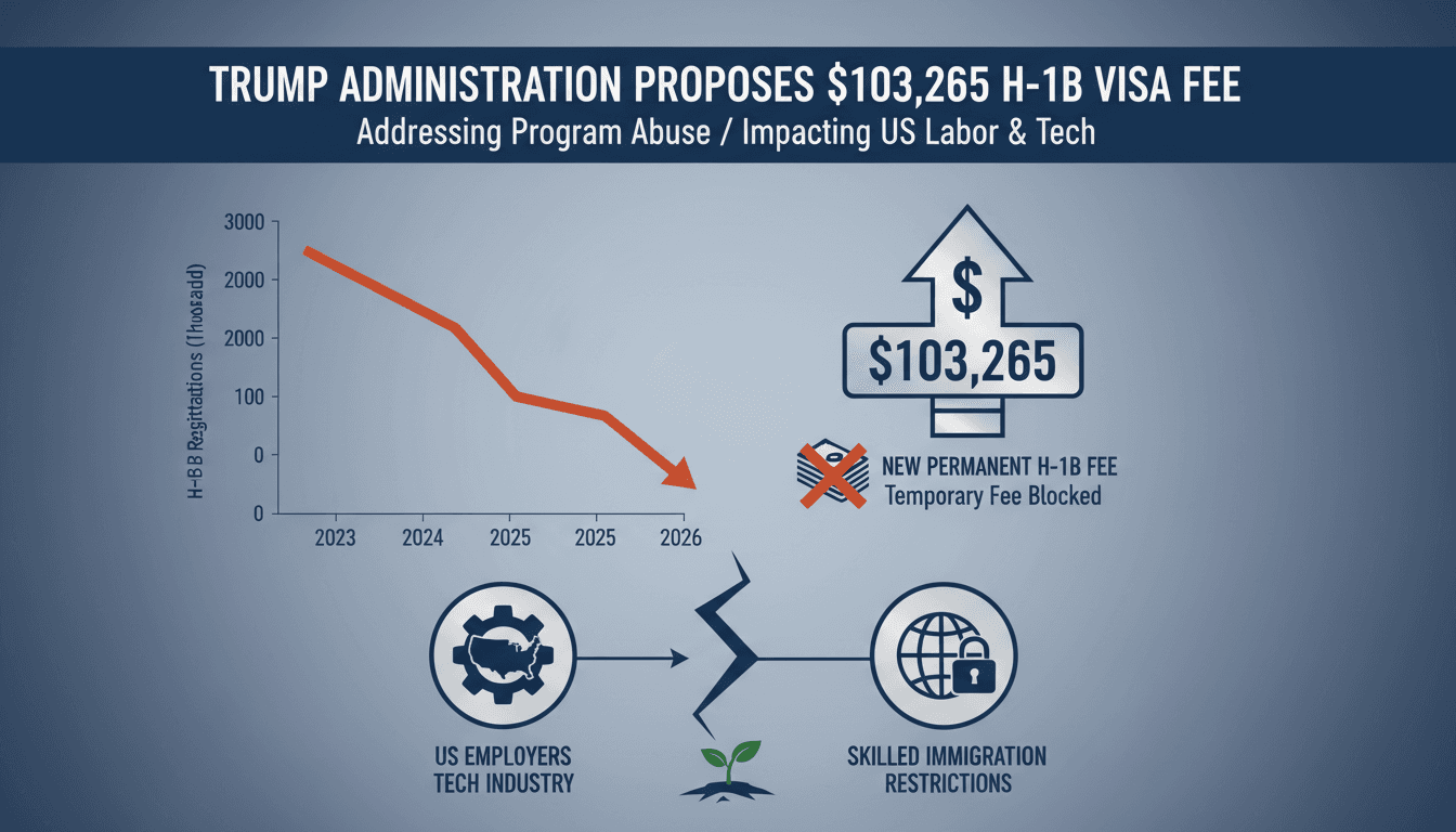 Infographic showing the impact of Trump's proposed H-1B fee on skilled labor and immigration policy.
