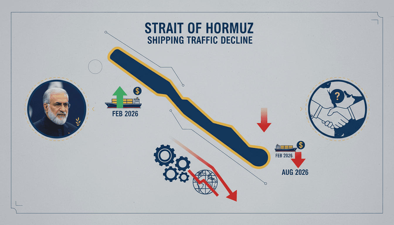 Infographic showing the decline in shipping traffic through the Strait of Hormuz and its economic impact.