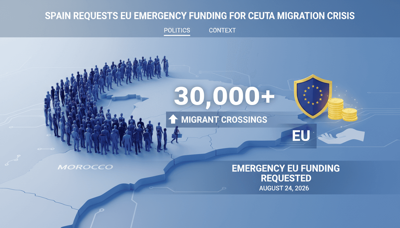 Infographic showing the surge of migration into Ceuta, highlighting the number of crossings and the EU's response.