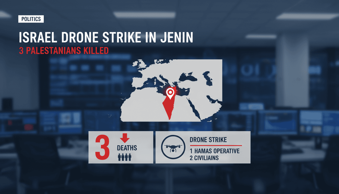 A map highlighting the location of the drone strike in Jenin, West Bank, with casualty statistics.