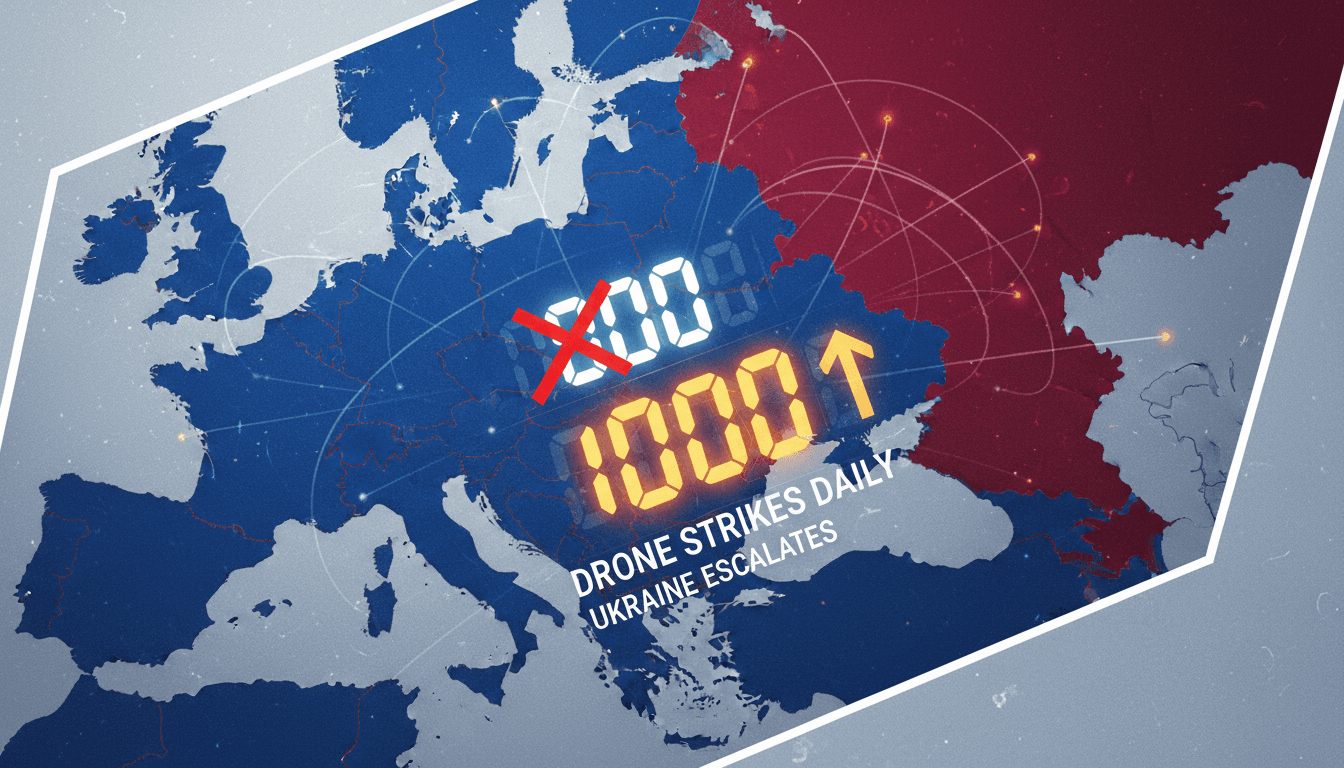 Infographic showing Ukraine's increase in drone strikes to 1,000 per day against Russia, highlighting military escalation.