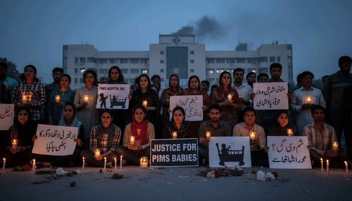 A candlelight vigil for the 14 newborns lost in the PIMS hospital fire in Islamabad.