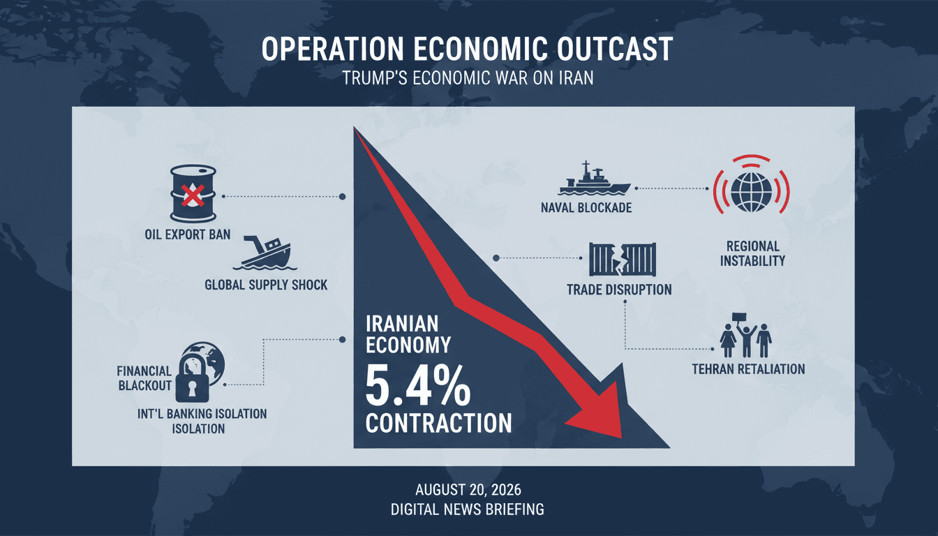 Infographic depicting the impact of Trump's economic war on Iran's economy and global trade dynamics.