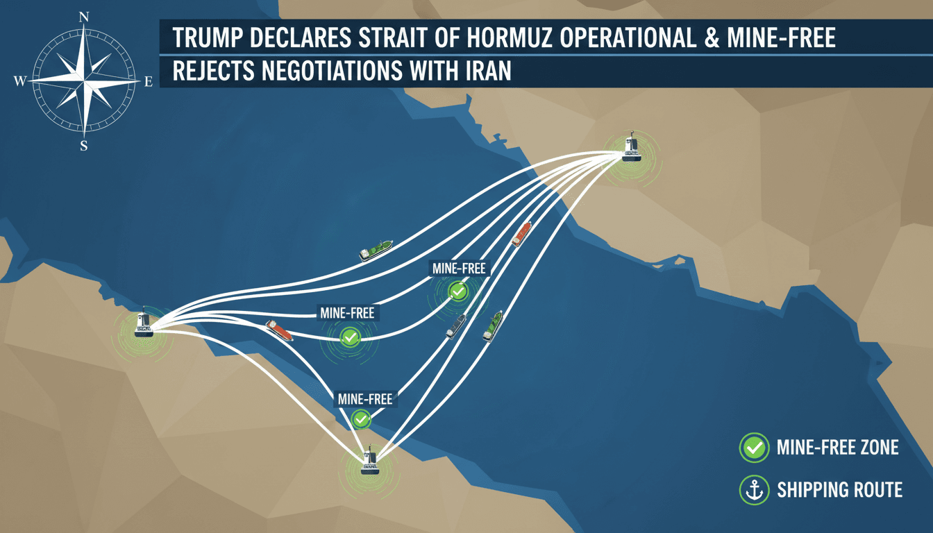 Map of the Strait of Hormuz showing shipping routes and mine clearance status.