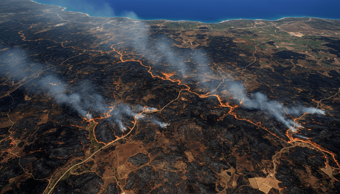 Satellite imagery showing extensive burned land in southern Lebanon due to military actions.
